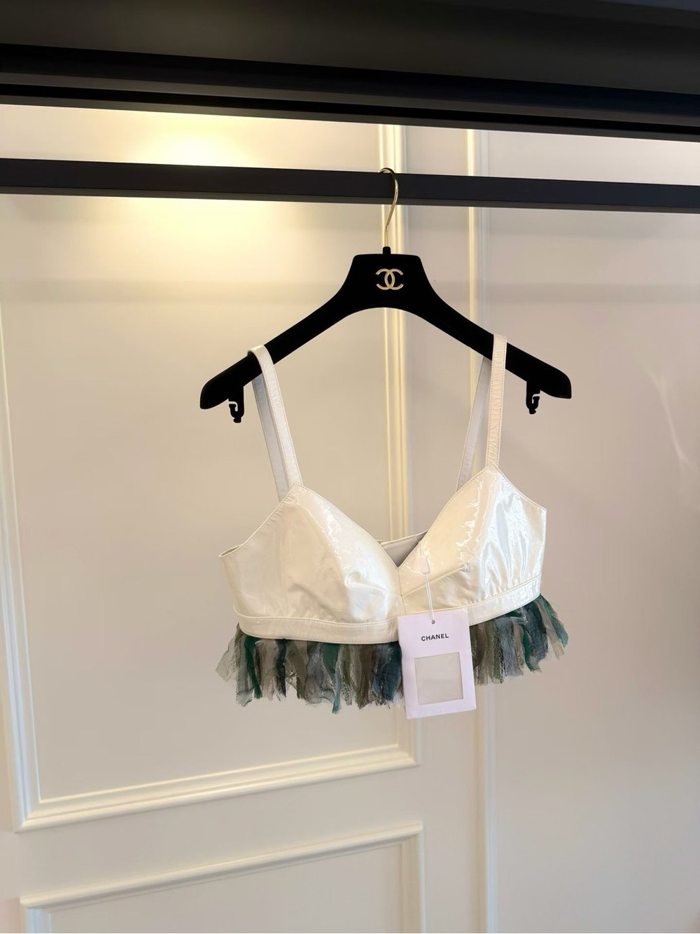 CHANEL White Satin Bralette with Green Tulle Hem